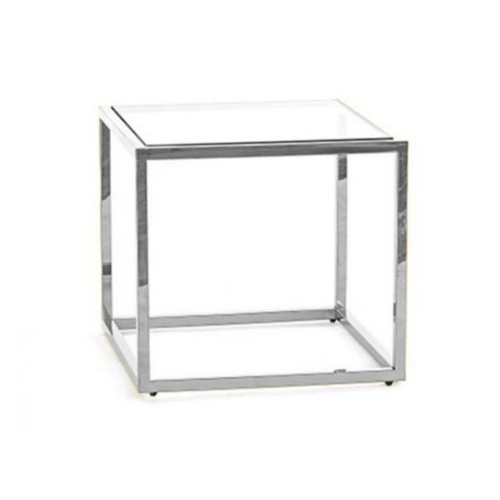 Silver stainless-steel Splendor end table with minimalist square top and polished metallic finish for contemporary event lounge décor