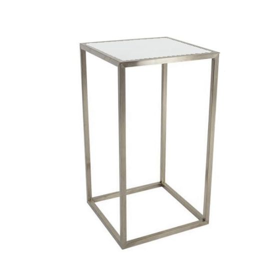 silver Splendor high-boy cocktail table with minimalist open-metal base for luxe event rental